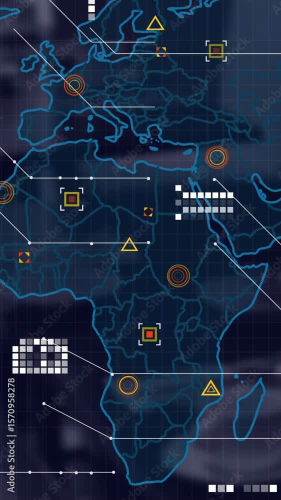 Poster animation of world map with data processing over dark background