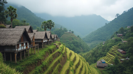 Ifugao Rice Terraces Philippines Wooden Stilt Houses with Thatch Roofs in Banaue