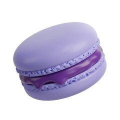 A vibrant purple macaron, dripping with purple glaze, presented in a 3D style.