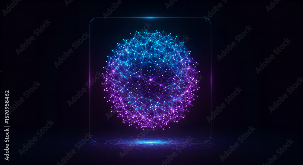 Poster Abstract sphere made of glowing interconnected dots and lines, representing data streams within a virtual framework. Digital data concept.