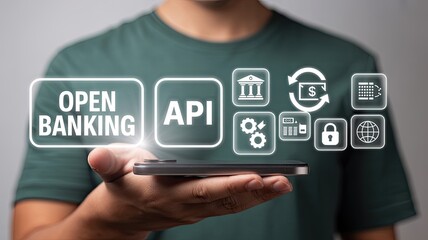Person holding a smartphone displaying glowing icons representing open banking api financial transactions security and global connectivity