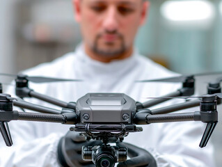 Technician in protective suit and gloves holding a professional black quadcopter drone with camera inside a clean laboratory environment