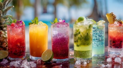A vibrant image of a tropical drink bar with various juices, including , served in clear glasses with colorful garnishes, set against a lively, beach-themed backdrop.