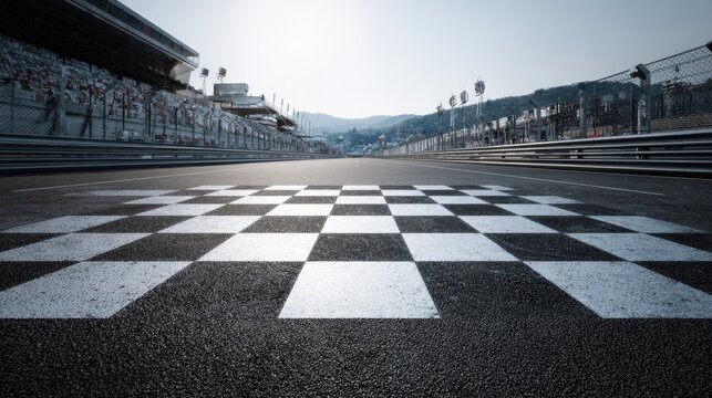 The checkered finish line at a motorsport race track under clear skies.