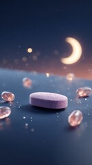 Melatonin tablet surrounded by soft gel capsules under dreamy night sky with crescent moon and sparkling bokeh ideal for sleep aid packaging, wellness visuals and nighttime product ads