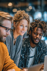 Diverse business team smiling and collaborating on project