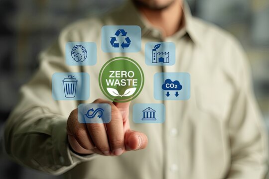 Person s finger touching a digital interface displaying the concept of zero waste with environmental icons surrounding it