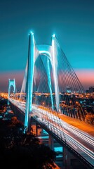 Obraz premium Bridge at night with light streaks, cable-stayed design, and bright illumination