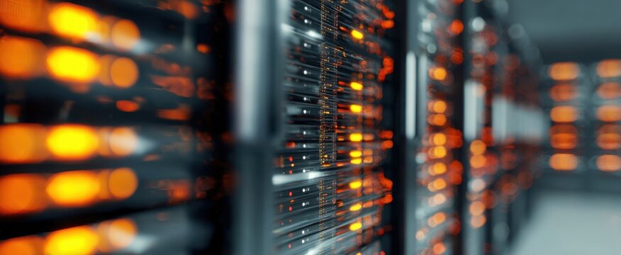 The high-tech server room with glowing orange lights.