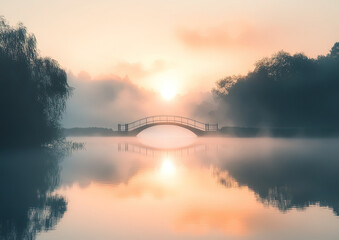 Serene Sunrise Over Misty River and Bridge