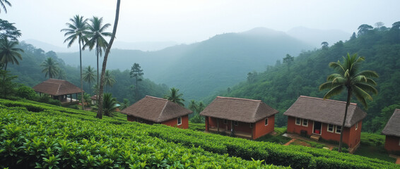 Sri Lanka Ella Region Village Houses with Clay Walls and Palm-Thatched Roofs in Lush Hills