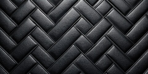 Fototapeta premium Dark, textured, interwoven, rectangular pattern resembling black leather or vinyl, creating a herringbone design
