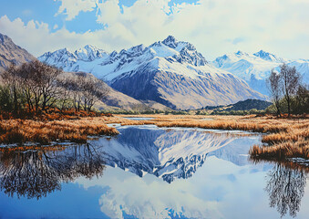 Serene Winter Lake Reflection in Mountain Valley
