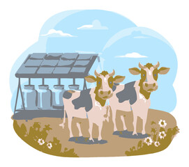 Naklejka premium Cartoon Cows Near Milking Station with Solar Panels and Sky Background