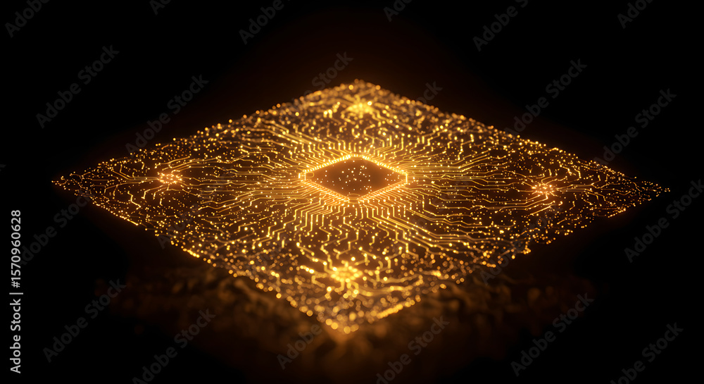 Poster Glowing golden computer circuit board with microchip. Digital data processing and information flow concept for technology background.