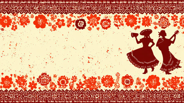 jarabe dancer, maracas, and papel picado in bold red and orange on cream background