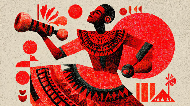 jarabe dancer, maracas, and papel picado in bold red and orange on cream background