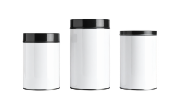 Empty white cylindrical containers isolated on transparent background