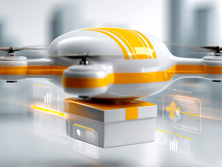 Futuristic white and yellow delivery drone in flight carrying a package with digital interface graphics over a modern city background