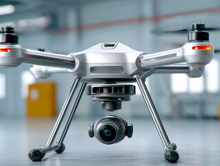 Modern silver quadcopter drone with mounted camera and landing gear standing on polished floor inside an industrial facility
