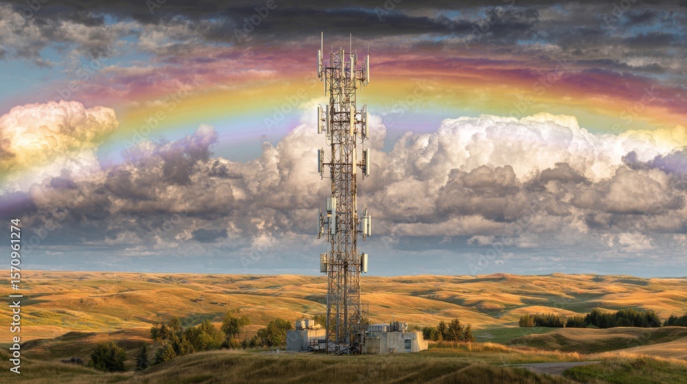 Poster a wide shot of a cell tower with a bright rainbow arching over it, creating a whimsical and colorful