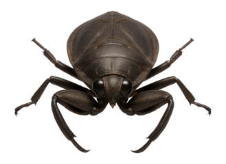 Giant water bug with flat, oval body and raptorial front legs for grasping