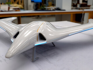 Futuristic white drone aircraft model with glowing blue accents placed on detailed technical blueprints in modern design studio