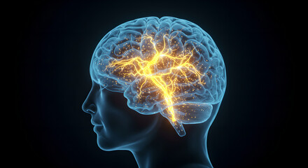 A side view of a human head with a glowing brain and neural network, representing intellect and thought process, for science.