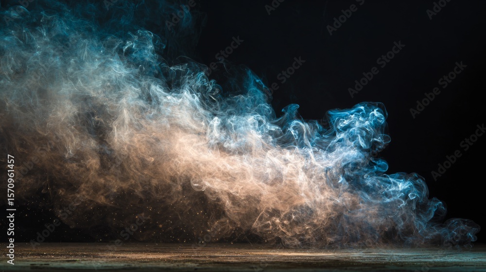 Poster a wispy cloud of smoke hovering over a dark surface, with light illuminating the edges, creating a s