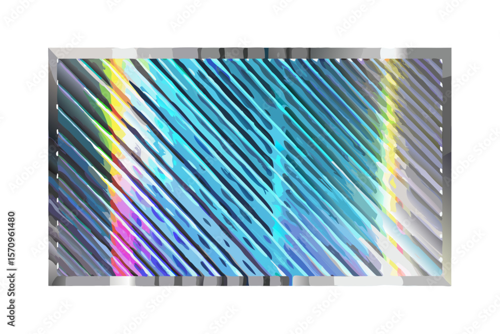 Poster abstract geometric pattern with diagonal lines and iridescent color streaks within a silver frame