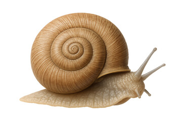 Heath snail with a flattened, coiled shell and light brown, ribbed texture