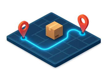 Delivery box on digital map with location pins and route line Isolyate on transparent background