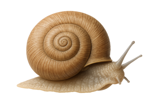 Heath snail with a flattened, coiled shell and light brown, ribbed texture