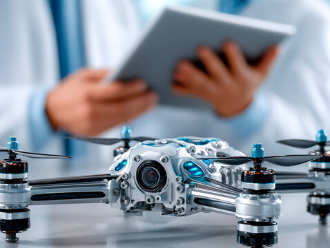 Futuristic quadcopter drone on laboratory table with two scientists in lab coats analyzing data on a tablet in background