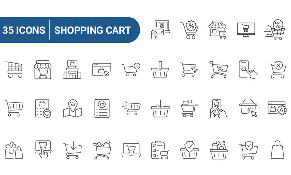 Shopping Cart Web Icons Set in Line or outline Style related to shopping cart, shopping basket, shopping bag. For Web and Mobile Apps. Linear icons collection. Editable strokes. Vector illustration