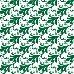 A repeating pattern of green floral vines and dots on a white background in a diagonal arrangement