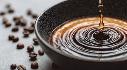 Dark-grey bowl filled with dark coffee; liquid pours in, creating concentric ripples; coffee beans scattered nearby on a grey surface