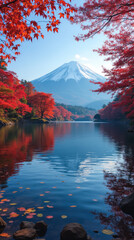 Lake Kawaguchi Japan — Colorful Autumn Foliage by Lake Kawaguchi with Mount Fuji in the Distance