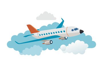 Modern passenger airplane flying through fluffy white clouds in a clear blue sky