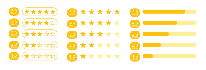 1-5 star icon set. Customer rating symbol for product or service. Yellow stars 1-5 with text for app, website, ui design elements. Vector illustration.