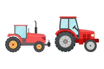Two red farm tractors one large and one small isolated on a black background