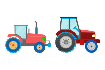 Obraz premium Two colorful cartoon tractors one red and one pink parked side by side on a black background