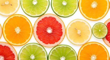 Obraz premium A colorful assortment of fresh, juicy citrus fruits, including lemon , lemons, limes, and grapefruits, presented as whole fruits, halves, and wedges. This bright and healthy collection mengo day 