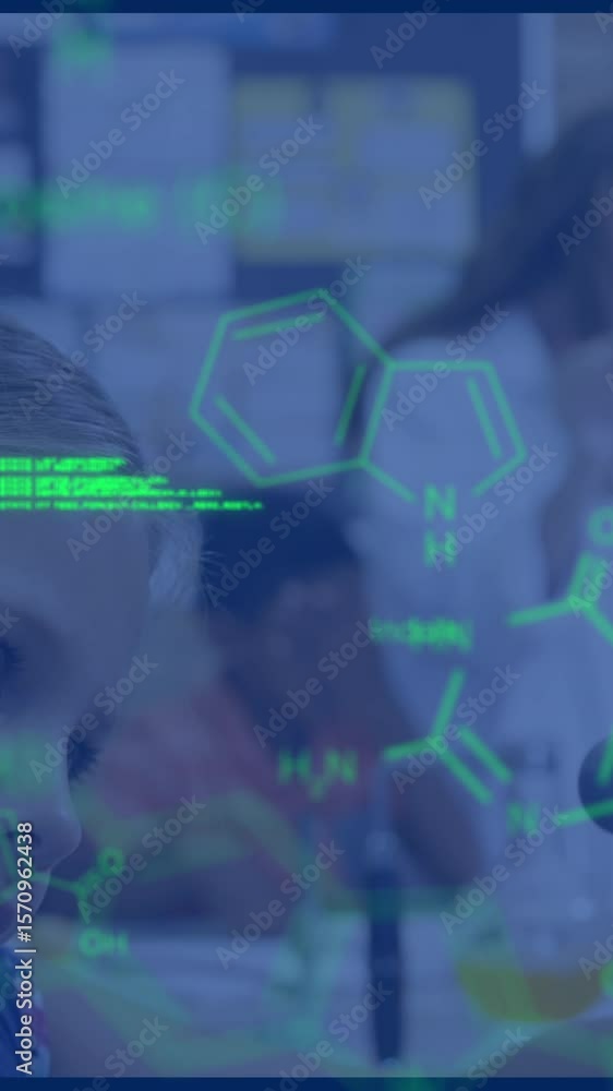 Poster animation of data processing over happy diverse schoolkids in lab
