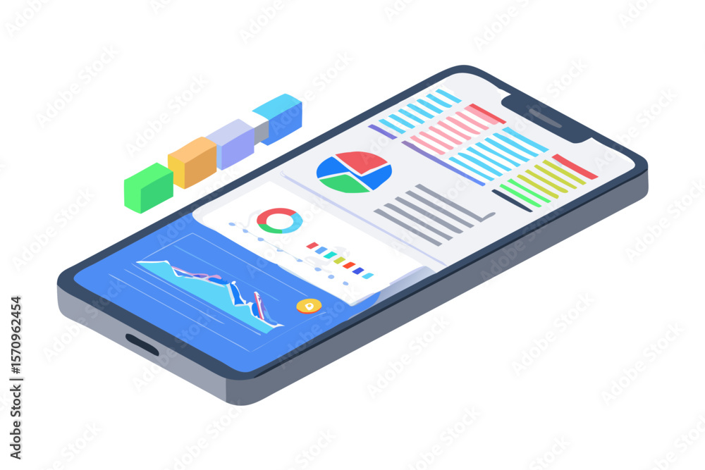 Poster modern smartphone displaying financial data charts and analytics with colorful blocks
