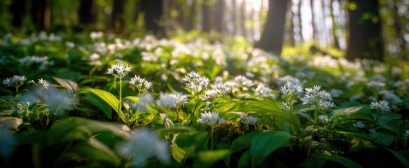 Naklejka premium The flourishing wildflowers illuminated by sunlight in a serene forest setting.