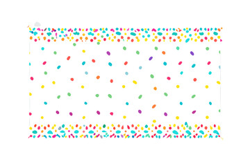 Festive black background with scattered colorful confetti dots and a decorative border