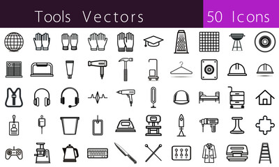 50 Utility and Equipment Line Icons, Vector Icon Set for Tools, Tech, Medical, and Household Use
