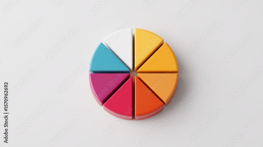 Poster colorful pie chart on a plain white background, segmented in bold colors with a shadow effect for a 