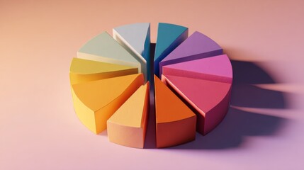 Obraz premium Colorful D pie chart with each segment slightly lifted, casting shadows on a gradient background for a clean and contemporary aesthetic